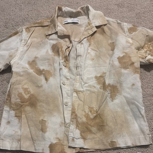 Zara Tan Casual Button Down Shirt with Distressed Design - Picture 1 of 2